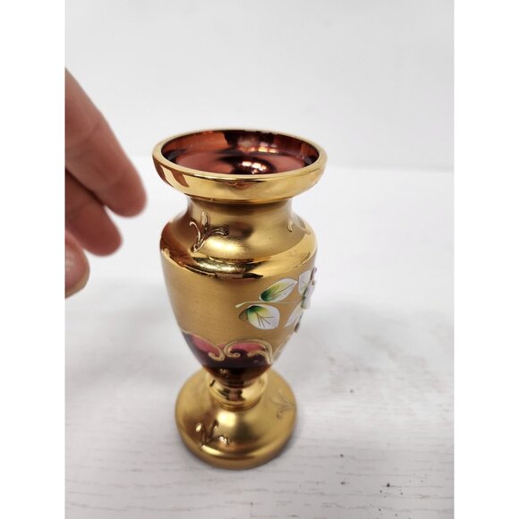 Vintage Bohemian Pink Glass Gold Overlay Floral Vase Raised Design Germany - Picture 7 of 10